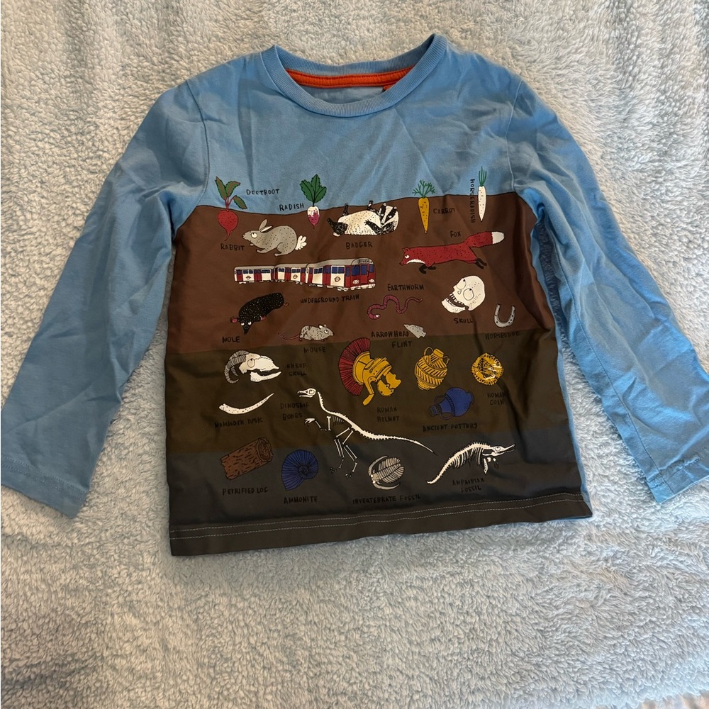 Mini Boden Blue and Brown Long Sleeve Tee with Nature Graphic